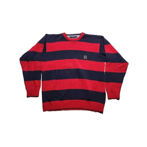 Vintage Tommy Hilfiger Men's Large 90s Pullover Striped Sweater Red Blue Preppy - Picture 1 of 7